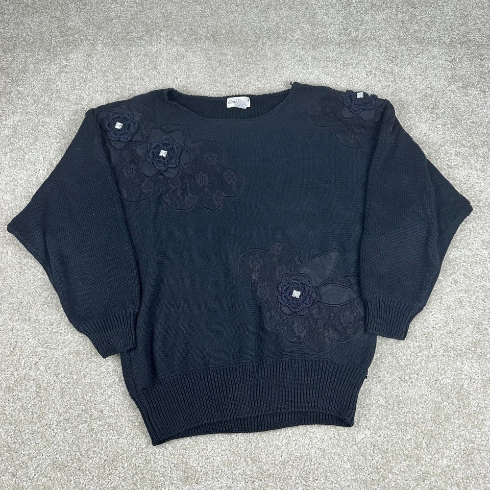 Eminent Vintage Black Floral Applique Beaded Lace Sweater Ramie Cotton Medium